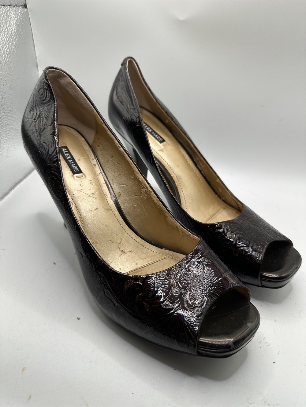 Alex Marie Dark Brown Embossed Peep-Toe Heels size 10